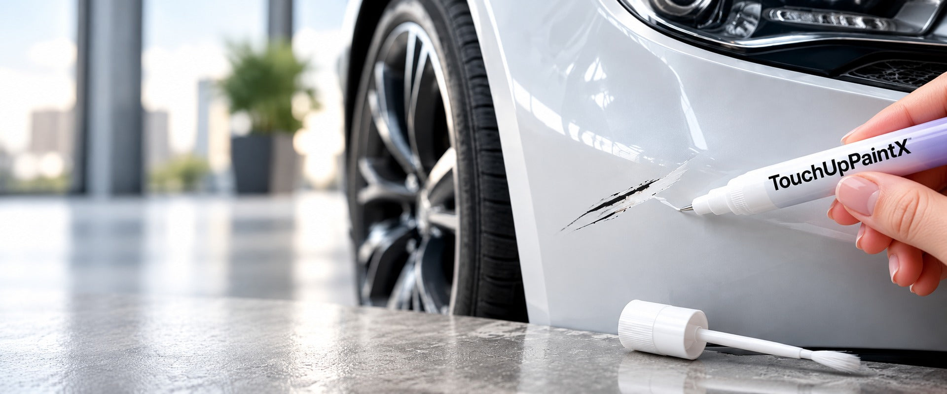 Pearl-white car in soft daylight