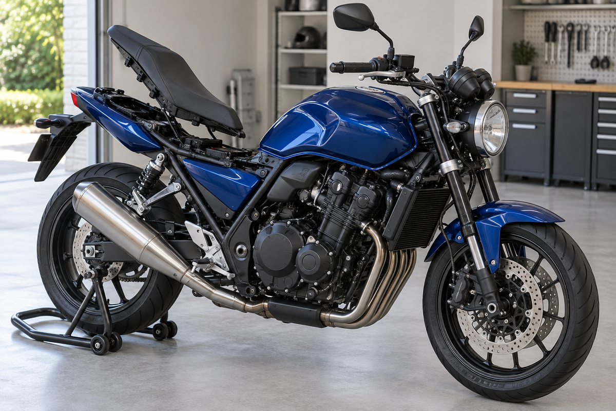 Illustrative blue motorcycle with its seat raised to show the under-seat frame area