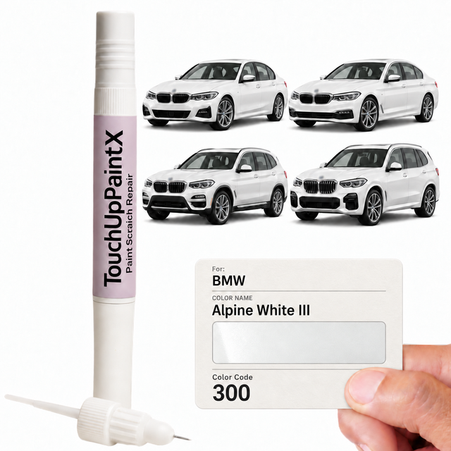 TouchUpPaintX pen and brush for BMW Alpine White III, color code 300, with illustrative white BMW vehicles and paint color card
