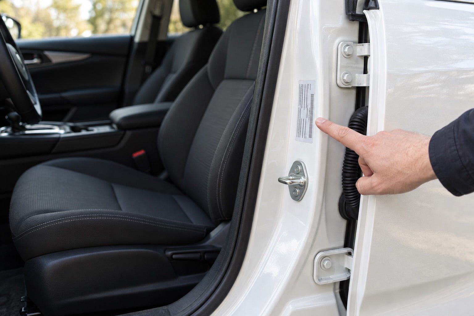 A finger points to the vehicle label on a car door jamb